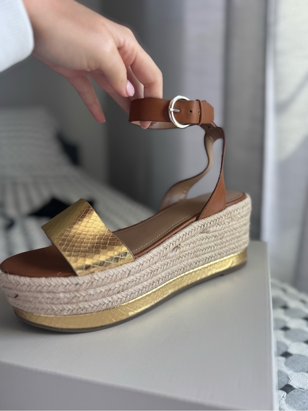 Marc Fisher Gold Textured Espadrille Platform Sandal with Brown Ankle Strap